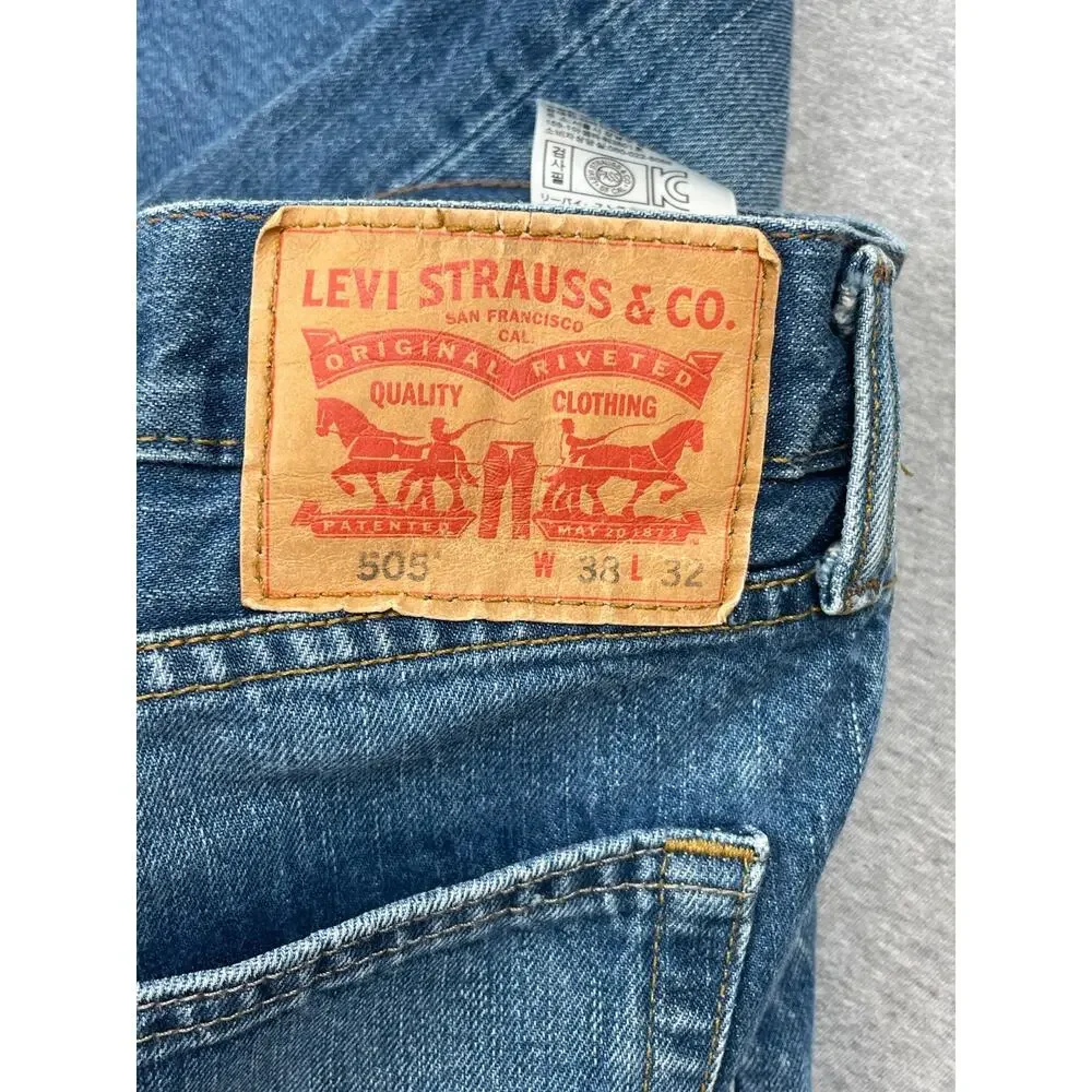 Levis 505 Jeans Mens 38 x 32 Blue 100% Cotton Regular Fit Straight Leg‎